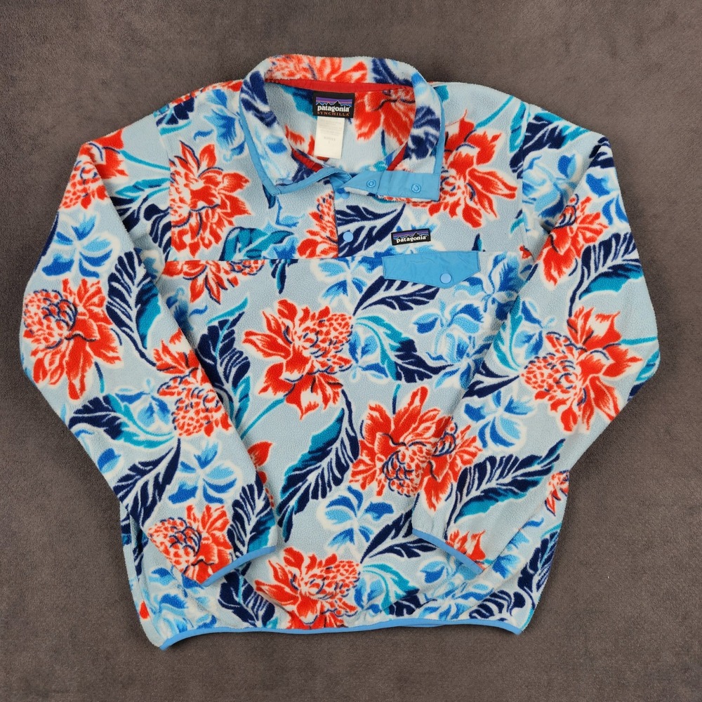 Patagonia Synchilla Snap-T Pullover Womens Large Manoa Dusk Blue Floral Fleece